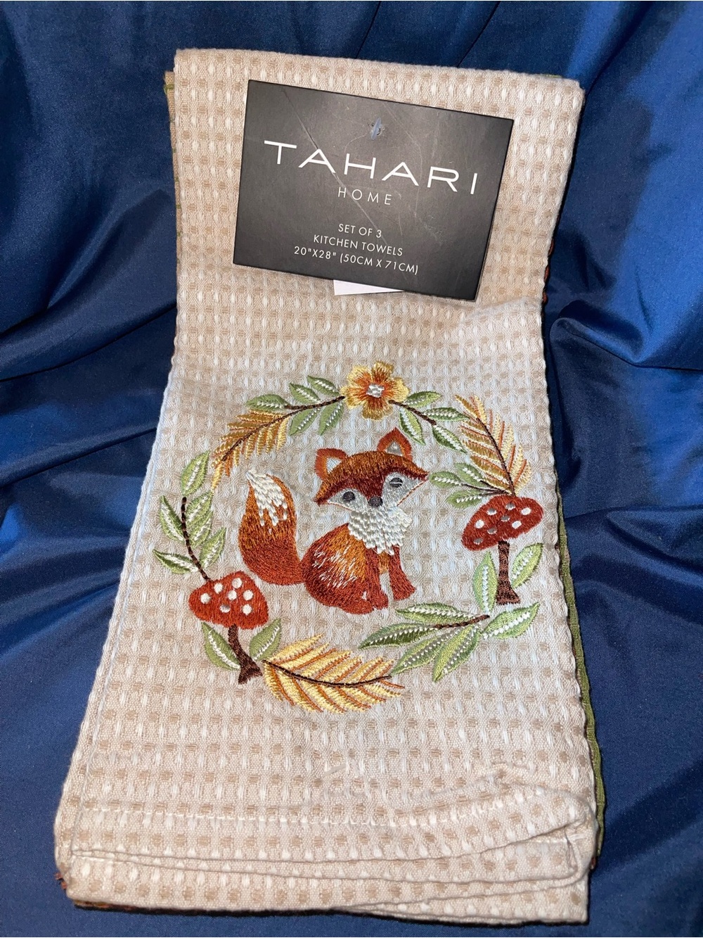 Tahari Home Set of 3 Beige Kitchen Towels with Embroidered Fox and Mushrooms